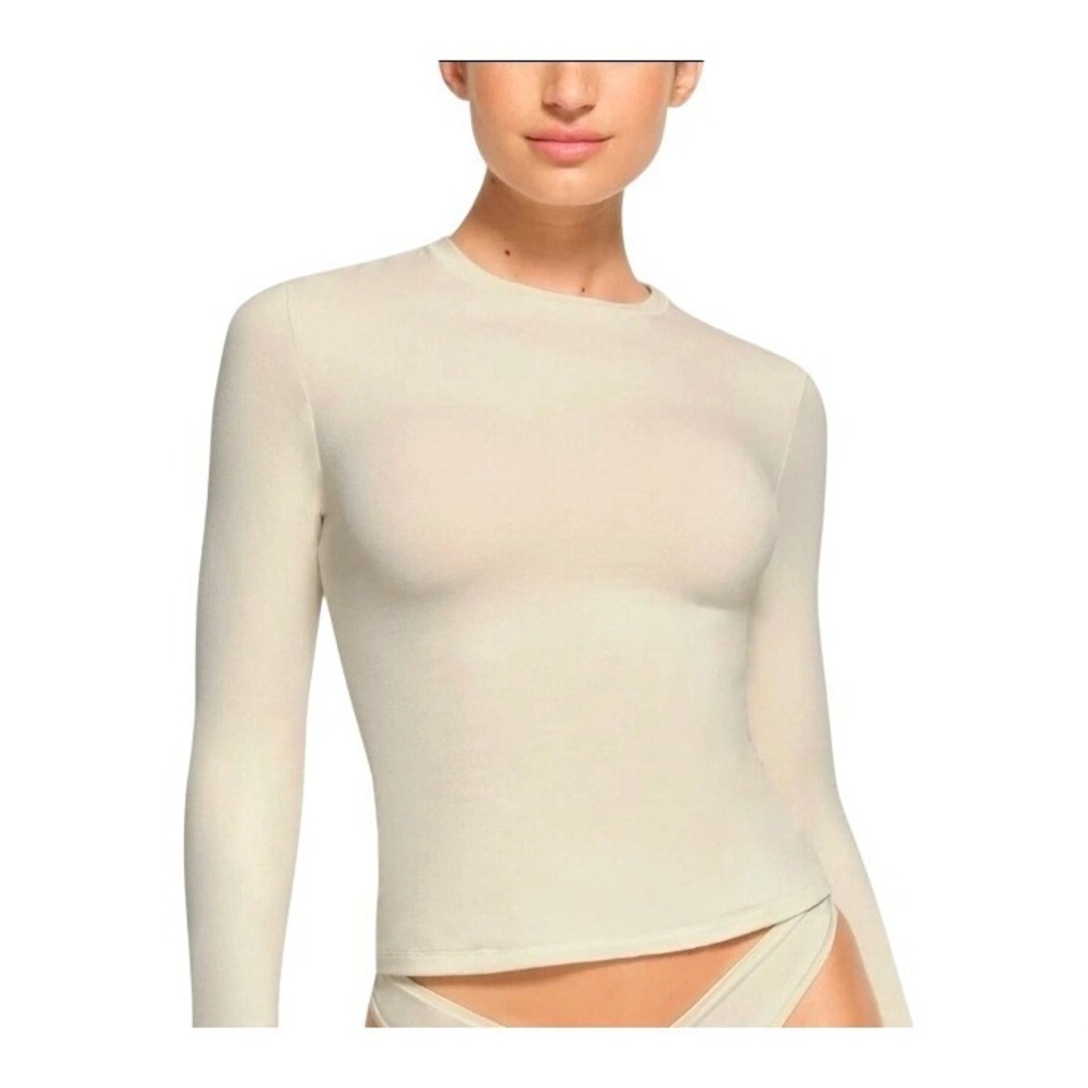 SKIMS Sz 2X Cotton Jersey Long Sleeve T Shirt Color Bone Stretchy Crew‎ Neck